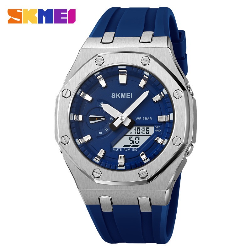 SKMEI 2243 Sports Watch – 50M Waterproof, Silicone Strap, Dual Display (Pointer + Number), 44.7mm Dial – Blue Silver